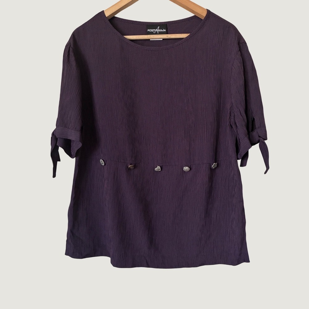 Positive Attitude Y2K Grunge Purple Textured Button Accent Tie Sleeve Blouse 8